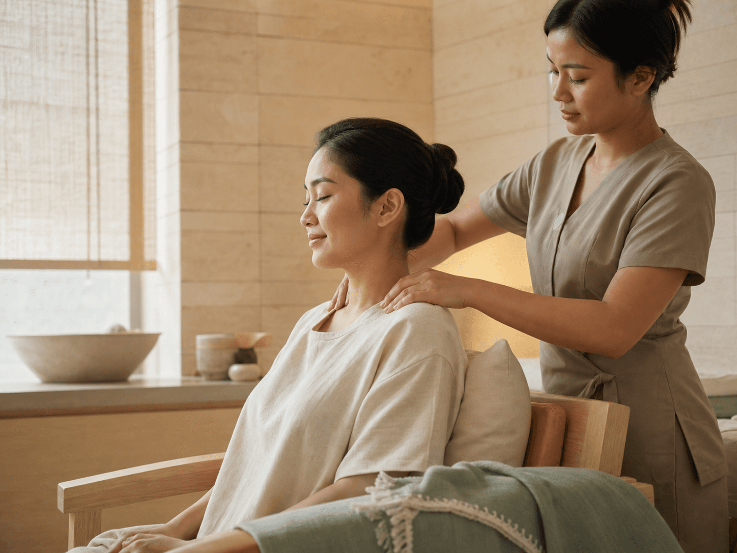 A Filipina client receiving a relaxing shoulder massage